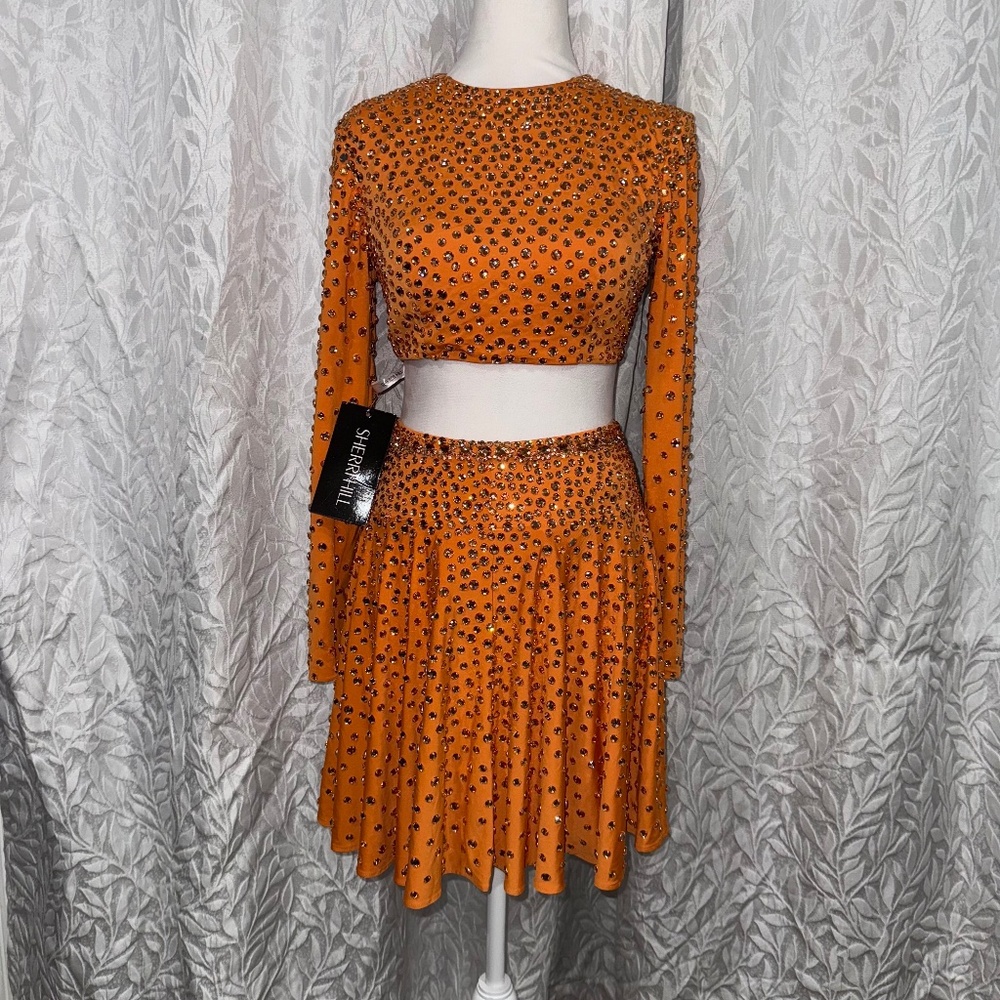 Sherri hill long sleeve rhinestone size 2 performance orange two piece set NWT